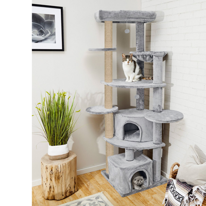 Furrlovers Multilevel Cat Tree with Scratching Posts, Condo & Top Bed with Jute Rope (Grey)