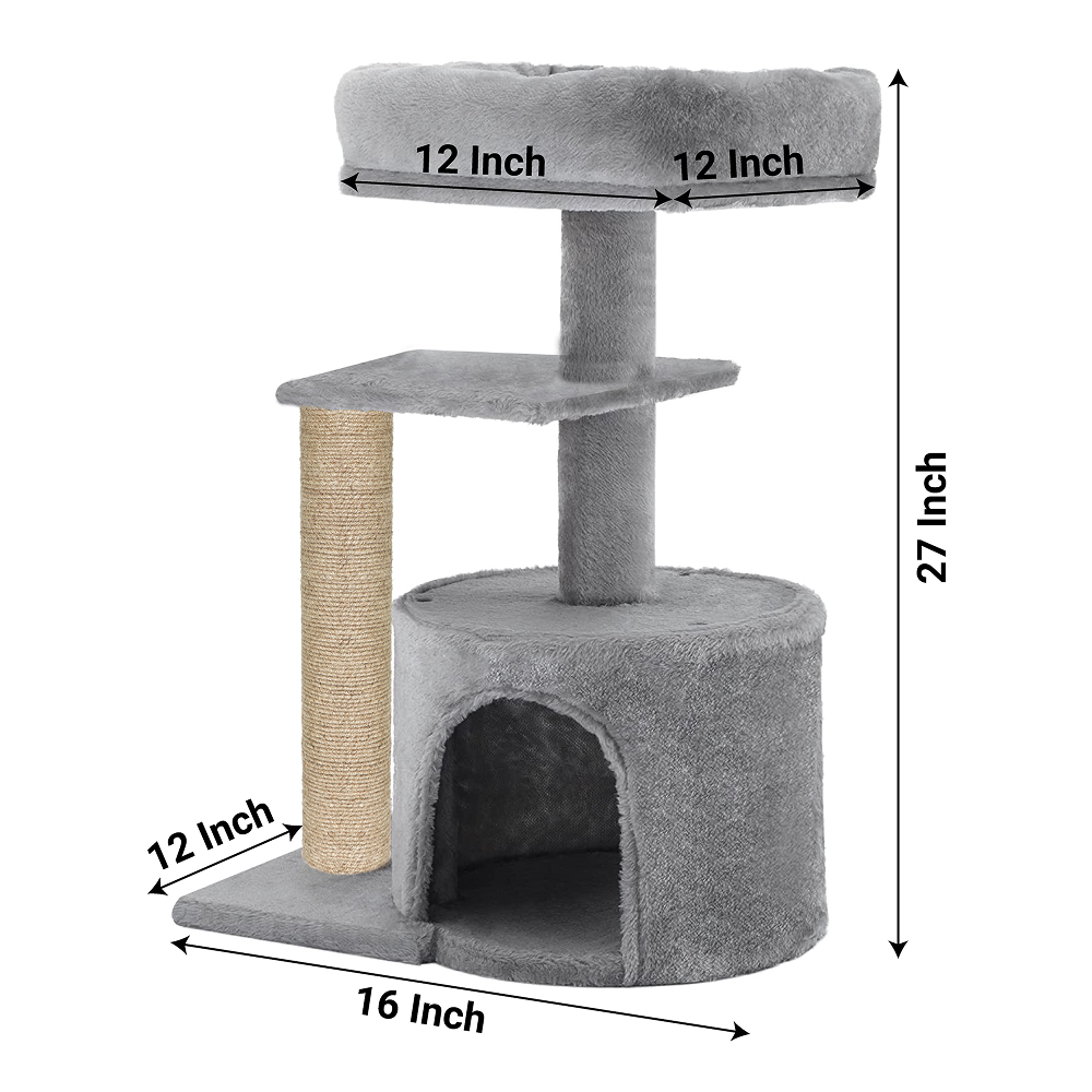 Furrlovers Multilevel Tree with Jute Rope Scratching Post and Fur Fabric Condo for Cats (Grey)