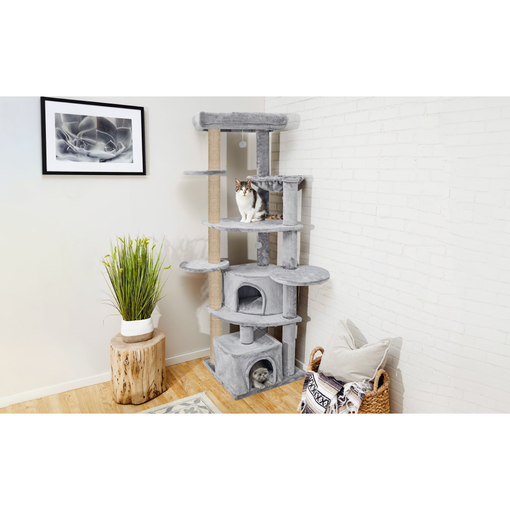 Furrlovers Multilevel Cat Tree with Scratching Posts, Condo & Top Bed with Jute Rope (Grey)