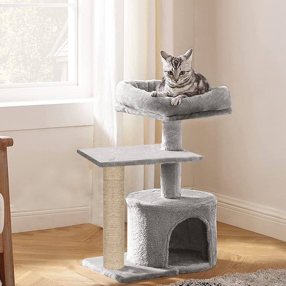 Furrlovers Multilevel Tree with Jute Rope Scratching Post and Fur Fabric Condo for Cats (Grey)