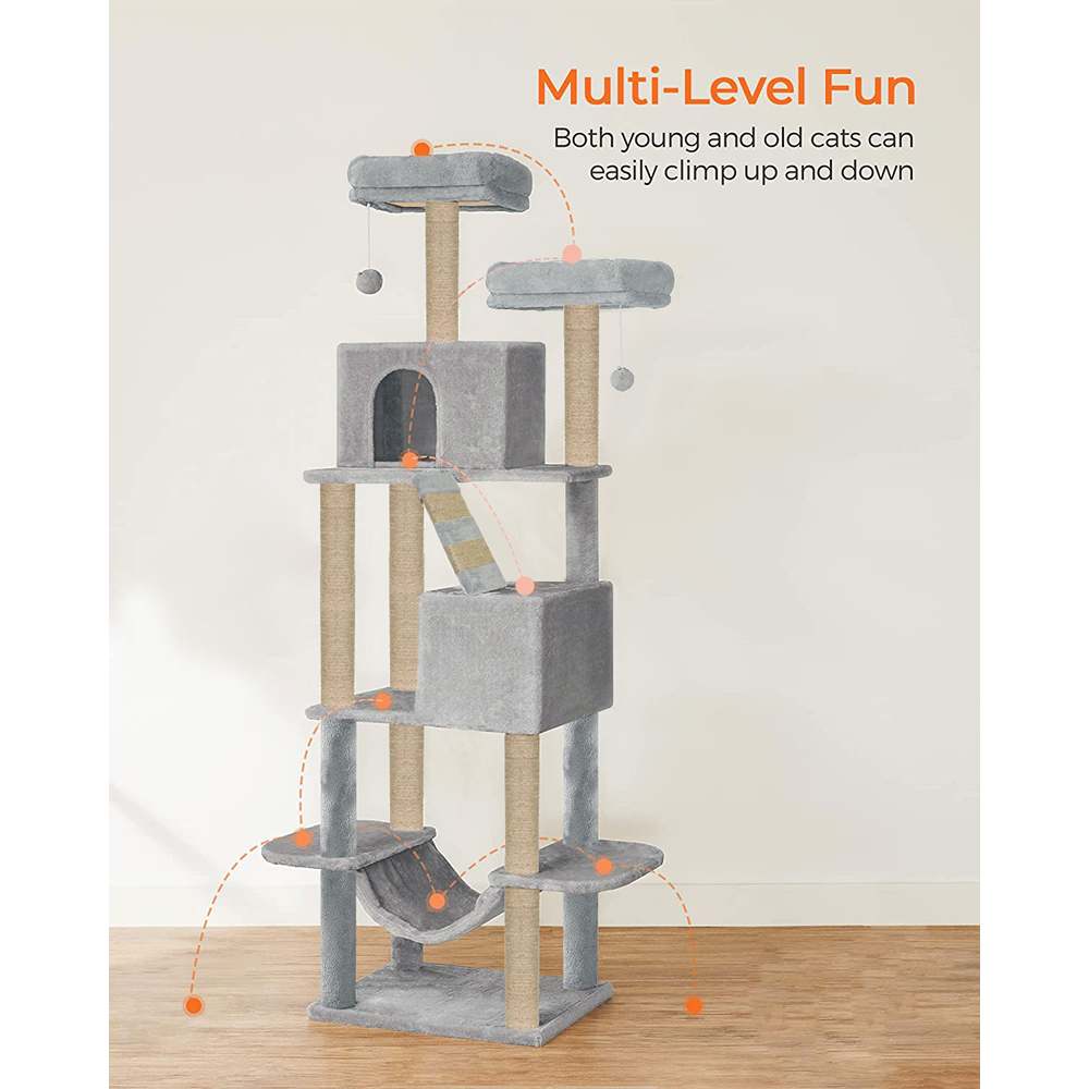 Furrlovers Multi Storey Cat Tree with Hammock, Condo & Sisal Scratching Posts (Grey)