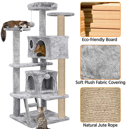 Furrlovers Multi Condo Kitten & Cat Tree with Plush Fur Fabric, Ladder, Top Perches, Playing Balls & Jute Rope Scratching Posts (Grey)