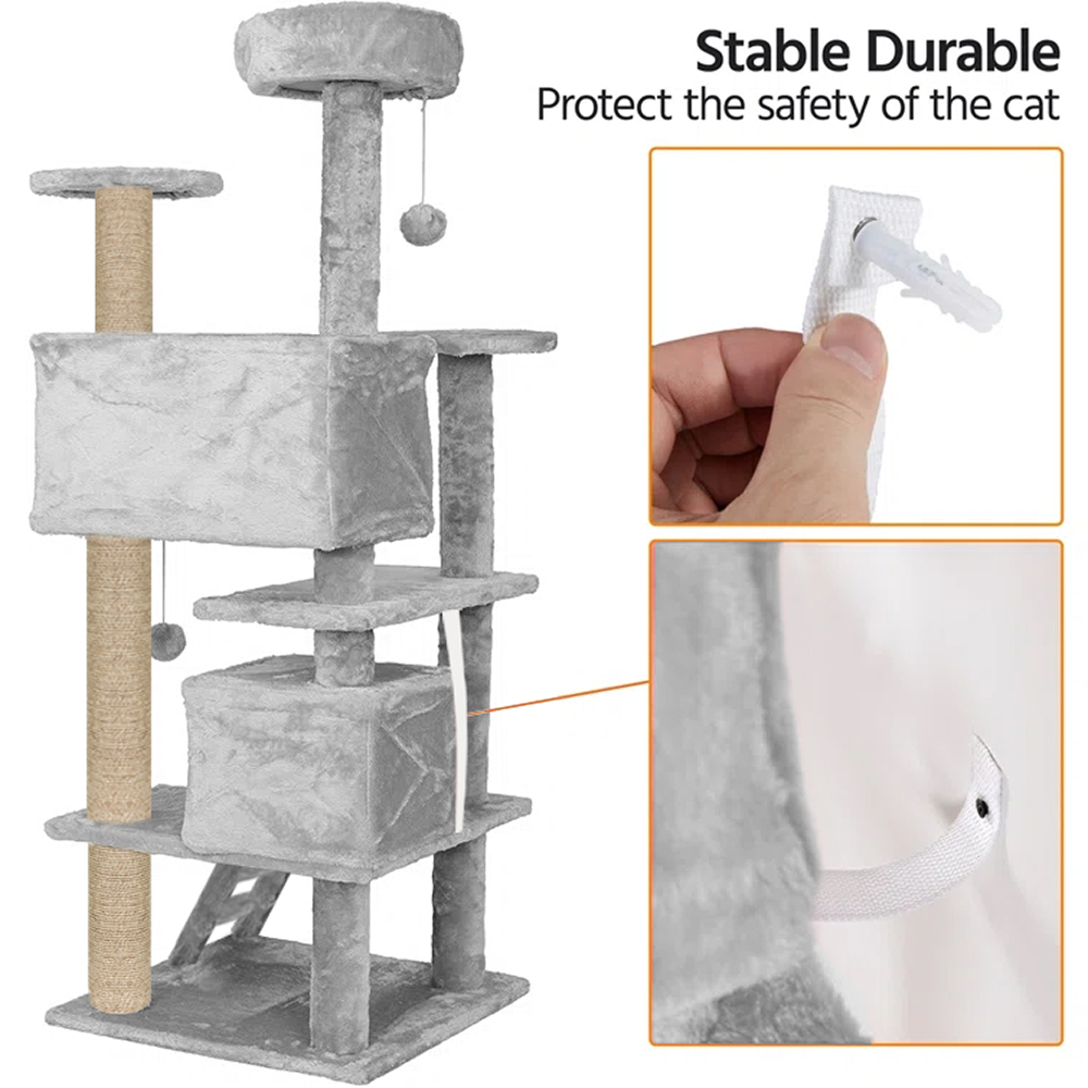 Furrlovers Multi Condo Kitten & Cat Tree with Plush Fur Fabric, Ladder, Top Perches, Playing Balls & Jute Rope Scratching Posts (Grey)