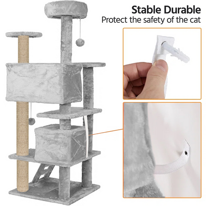 Furrlovers Multi Condo Kitten & Cat Tree with Plush Fur Fabric, Ladder, Top Perches, Playing Balls & Jute Rope Scratching Posts (Grey)