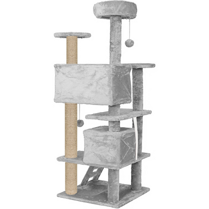 Furrlovers Multi Condo Kitten & Cat Tree with Plush Fur Fabric, Ladder, Top Perches, Playing Balls & Jute Rope Scratching Posts (Grey)