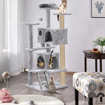 Furrlovers Multi Condo Kitten & Cat Tree with Plush Fur Fabric, Ladder, Top Perches, Playing Balls & Jute Rope Scratching Posts (Grey)