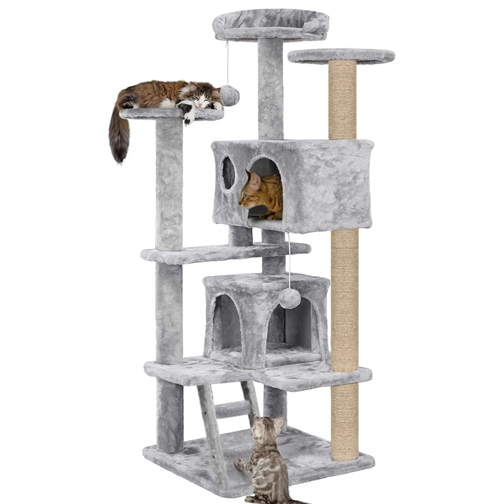 Furrlovers Multi Condo Kitten & Cat Tree with Plush Fur Fabric, Ladder, Top Perches, Playing Balls & Jute Rope Scratching Posts (Grey)