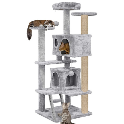 Furrlovers Multi Condo Kitten & Cat Tree with Plush Fur Fabric, Ladder, Top Perches, Playing Balls & Jute Rope Scratching Posts (Grey)