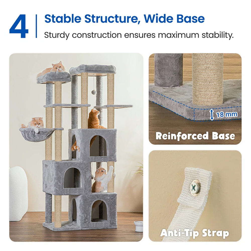 Furrlovers Multilevel Fur Fabric Cat Tree with Condos, Hanging Ball & Jute Rope Scratching Posts (Grey)