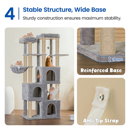 Furrlovers Multilevel Fur Fabric Cat Tree with Condos, Hanging Ball & Jute Rope Scratching Posts (Grey)