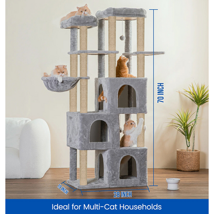 Furrlovers Multilevel Fur Fabric Cat Tree with Condos, Hanging Ball & Jute Rope Scratching Posts (Grey)