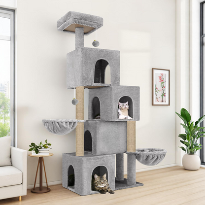 Furrlovers Multilevel Plush Cat Tree with Condo, Hammock & Jute Rope Scratching Posts (Grey)