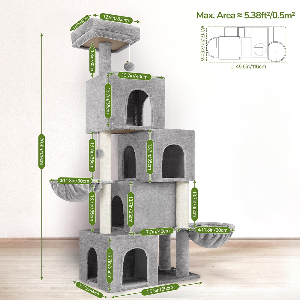 Furrlovers Multilevel Plush Cat Tree with Condo, Hammock & Jute Rope Scratching Posts (Grey)