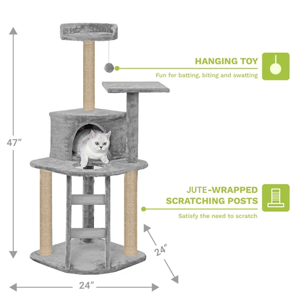 Furrlovers Multi Level Cat Tree with Plush Condo & Jute Scratching Posts (Grey)