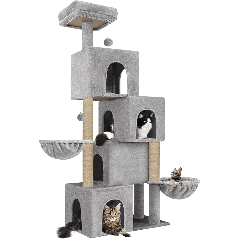 Furrlovers Multilevel Plush Cat Tree with Condo, Hammock & Jute Rope Scratching Posts (Grey)