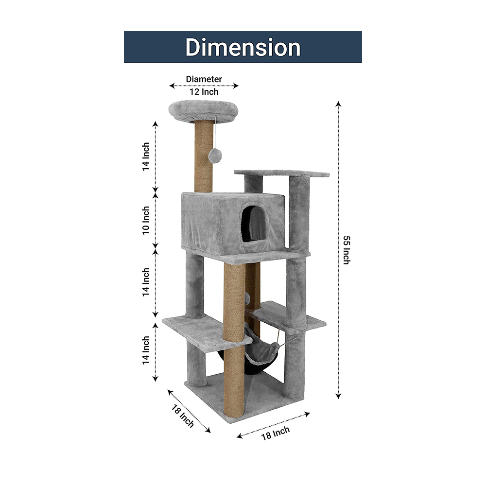 Furrlovers Multilevel Soft Fur Cat Tree with Condo, Hammock & Sisal Scratching Posts (Grey)