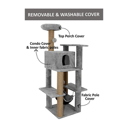 Furrlovers Multilevel Soft Fur Cat Tree with Condo, Hammock & Sisal Scratching Posts (Grey)