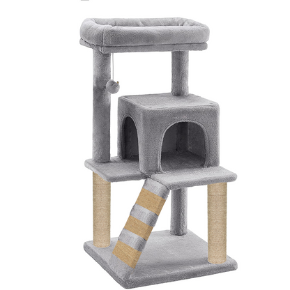 Furrlovers Fur Fabric Cat Tree with Ladder, Hanging Toy & Jute Rope Scratching Post (Grey)