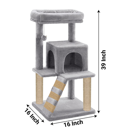 Furrlovers Fur Fabric Cat Tree with Ladder, Hanging Toy & Jute Rope Scratching Post (Grey)