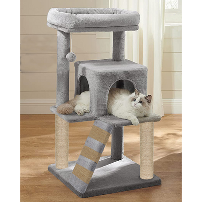Furrlovers Fur Fabric Cat Tree with Ladder, Hanging Toy & Jute Rope Scratching Post (Grey)
