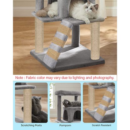 Furrlovers Fur Fabric Cat Tree with Ladder, Hanging Toy & Jute Rope Scratching Post (Grey)