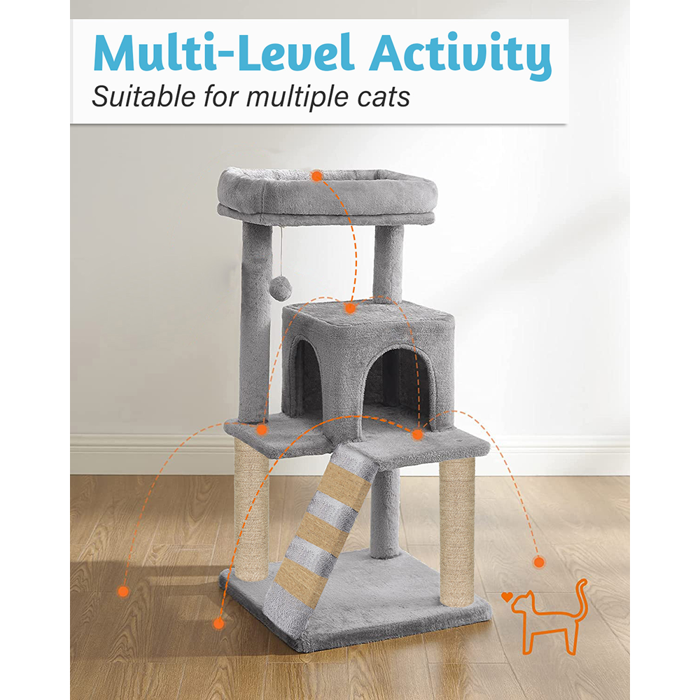 Furrlovers Fur Fabric Cat Tree with Ladder, Hanging Toy & Jute Rope Scratching Post (Grey)