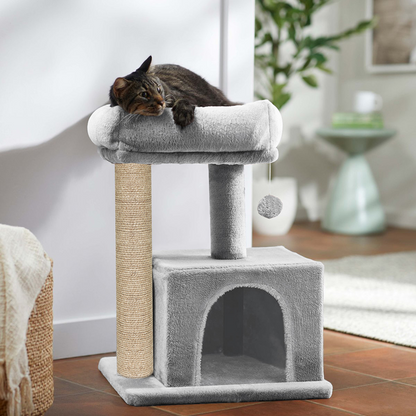 Furrlovers Plush Condo Cat Tree with Top Perch, Hanging Ball & Scratching Post (Grey)