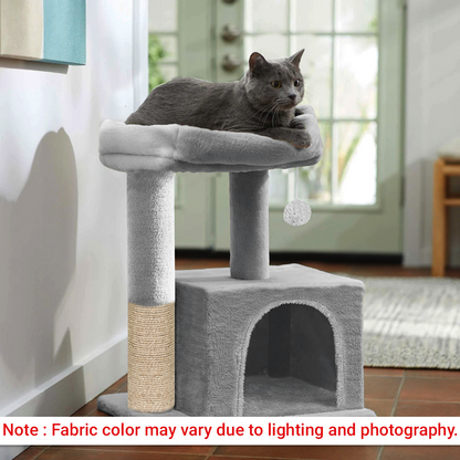 Furrlovers Plush Condo Cat Tree with Top Perch, Hanging Ball & Scratching Post (Grey)