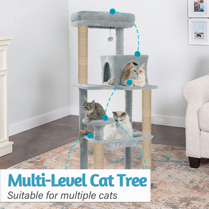 Furrlovers Cat Tree with Condo, Hammock, Hanging Ball & Jute Rope Scratching Posts (Grey)