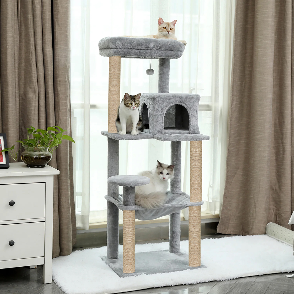 Furrlovers Cat Tree with Condo, Hammock, Hanging Ball & Jute Rope Scratching Posts (Grey)