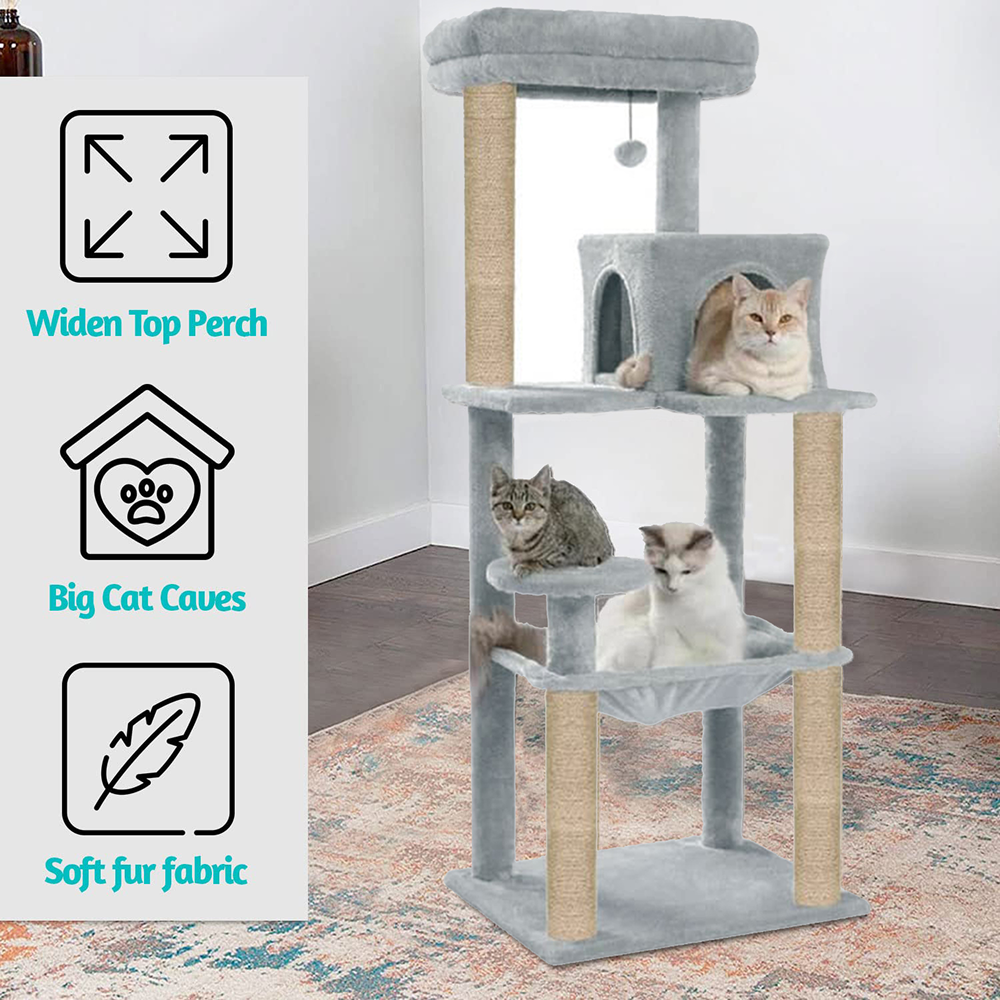 Furrlovers Cat Tree with Condo, Hammock, Hanging Ball & Jute Rope Scratching Posts (Grey)