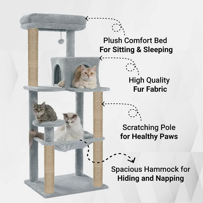 Furrlovers Cat Tree with Condo, Hammock, Hanging Ball & Jute Rope Scratching Posts (Grey)
