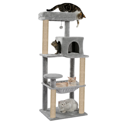 Furrlovers Cat Tree with Condo, Hammock, Hanging Ball & Jute Rope Scratching Posts (Grey)