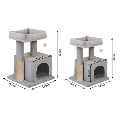 Furrlovers Plush Condo Cat Tree with Top Perch, Hanging Ball & Scratching Post (Grey)
