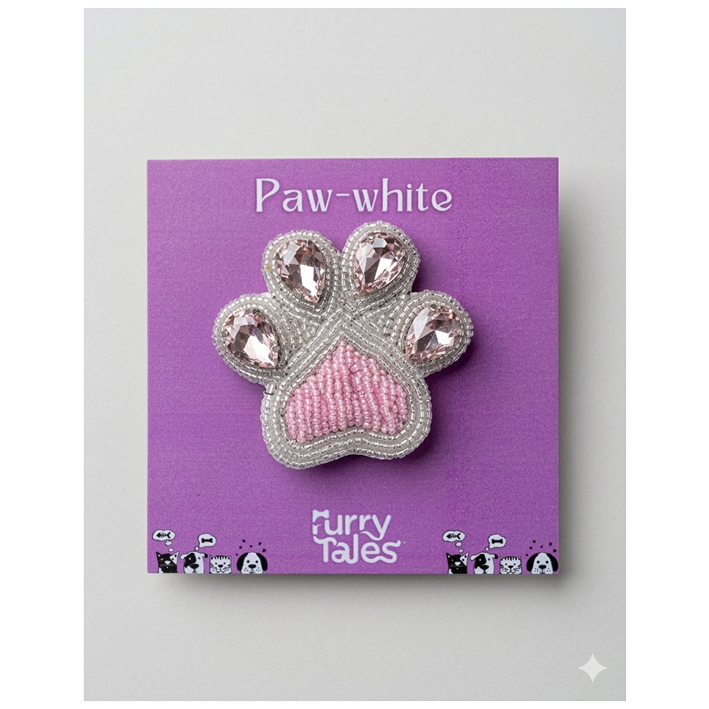 Furry Tales Artisan Handcrafted Paw White Pet Theme Decorative Brooch (White and pink)