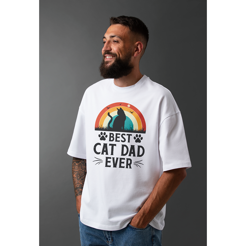 Seek Buy Love Best Cat Dad Ever Oversized Tshirt (White)