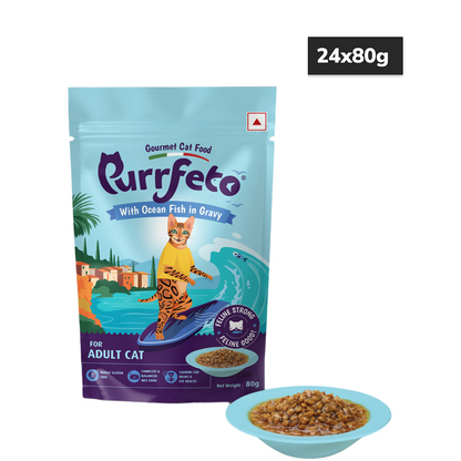 Purrfeto Mackerel in Gravy and Ocean Fish in Gravy and Tuna Recipe in Jelly Combo Adult Cat Wet Food