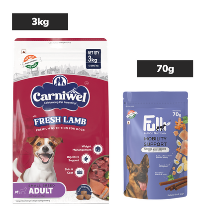 Carniwel Fresh Lamb Small Breed Adult Dog Dry Food and Fullr Mobility Support Soft and Chewy Stick Dog Treats