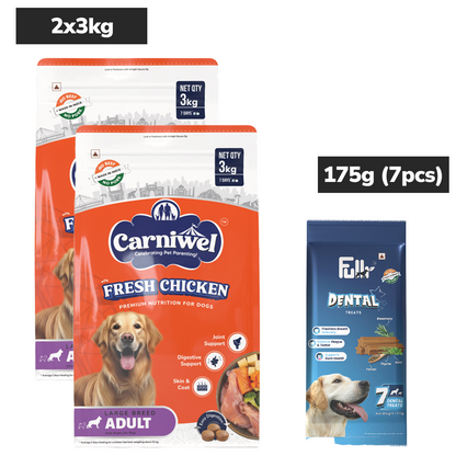 Carniwel Fresh Chicken Kibble Large Breed Dry Food and Fullr Dental Dog Treats
