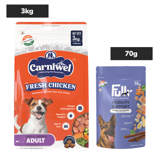 Carniwel Fresh Chicken Kibble Small Breed Adult Dog Dry Food and Fullr Mobility Support Soft and Chewy Stick Dog Treats Combo