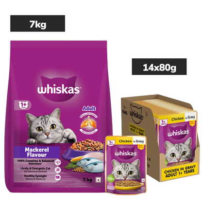 Whiskas Adult Cat Food Combo |Mackerel Dry & Chicken in Gravy Wet
