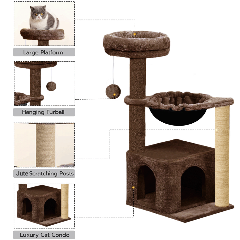 Furrlovers Cat Condo Activity Tree with Jute Scratcher, Hammock & Ball Toy (Brown)