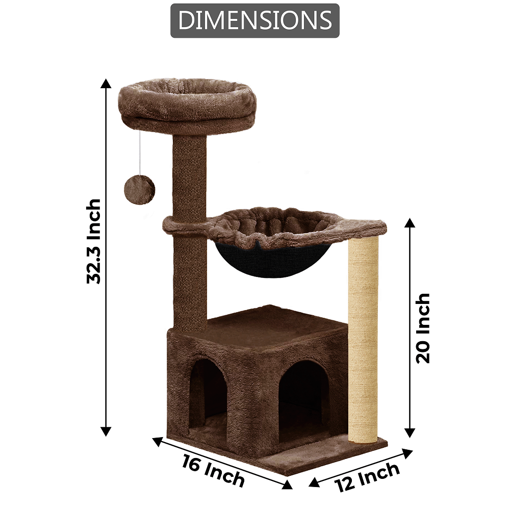 Furrlovers Cat Condo Activity Tree with Jute Scratcher, Hammock & Ball Toy (Brown)
