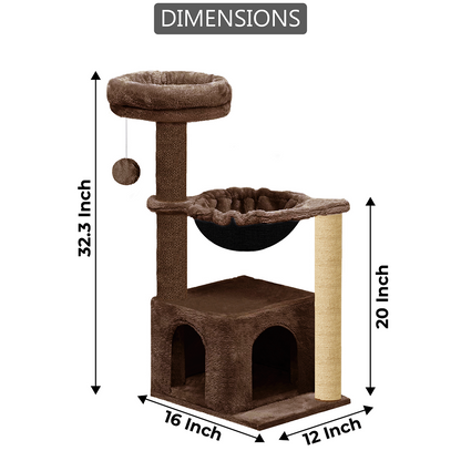 Furrlovers Cat Condo Activity Tree with Jute Scratcher, Hammock & Ball Toy (Brown)