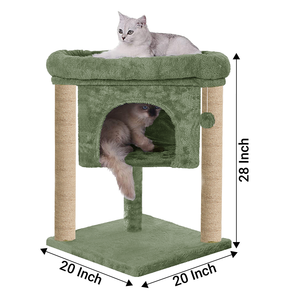 Furrlovers Cat & Kitten Scratching Post Activity Tree with Plush Fur, Jute Rope & Detachable Bed (Green)