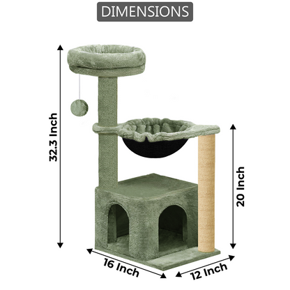 Furrlovers Cat Condo Activity Tree with Jute Scratcher, Hammock & Ball Toy (Green)