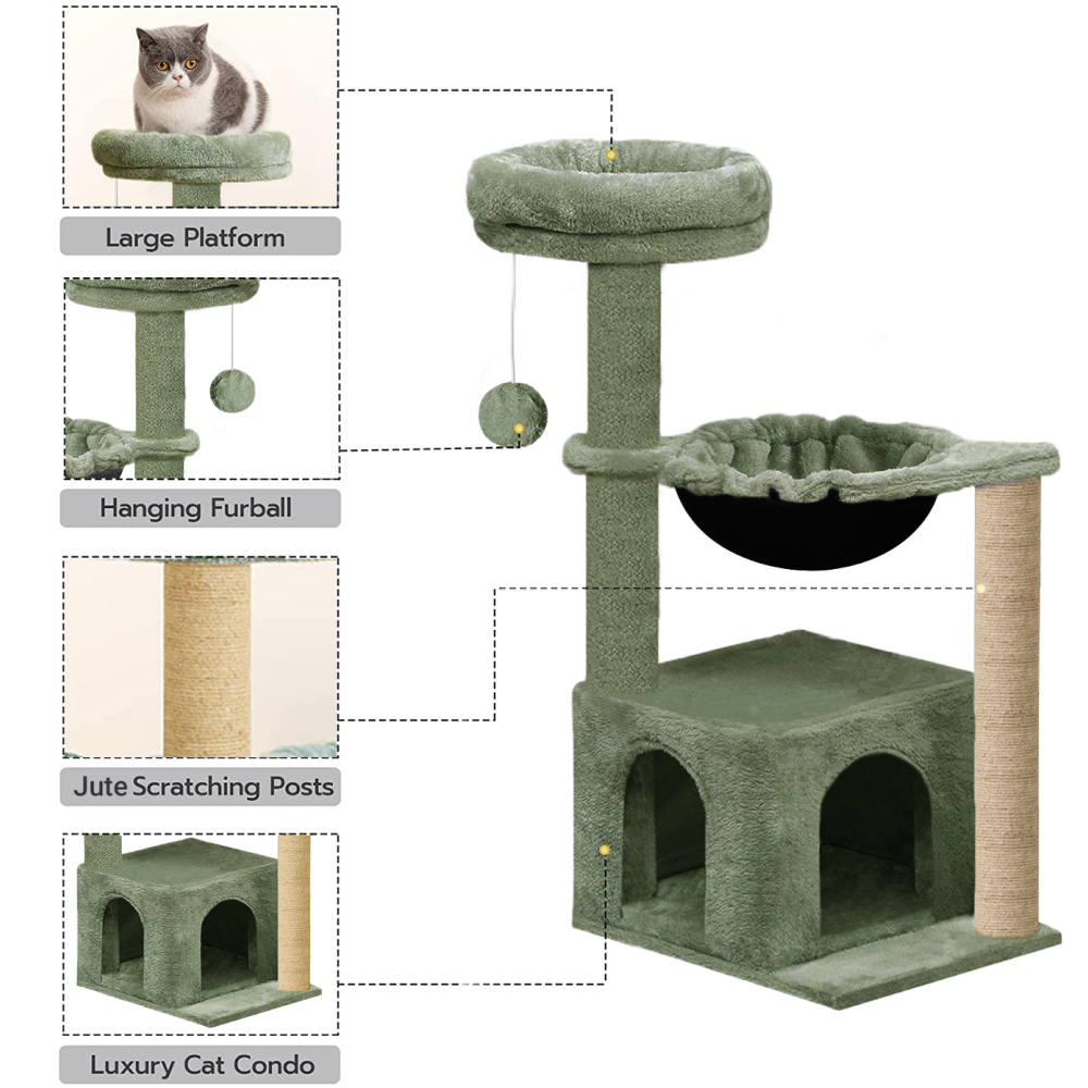 Furrlovers Cat Condo Activity Tree with Jute Scratcher, Hammock & Ball Toy (Green)