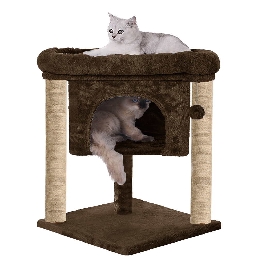 Furrlovers Cat & Kitten Scratching Post Activity Tree with Plush Fur, Jute Rope & Detachable Bed (Brown)
