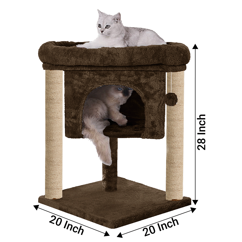 Furrlovers Cat & Kitten Scratching Post Activity Tree with Plush Fur, Jute Rope & Detachable Bed (Brown)
