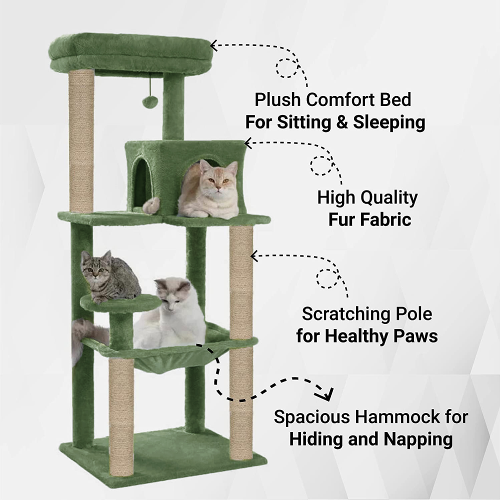 Furrlovers Cat Tree with Condo, Hammock, Hanging Ball & Jute Rope Scratching Posts (Green)